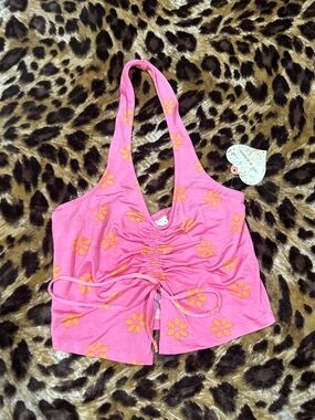 Pink Floral Halter Crop Top with Drawstring